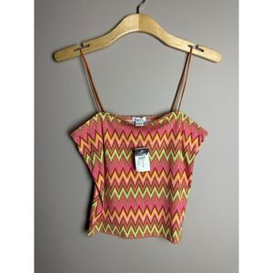 Rue21 Womens Y2K Pink Lime Green Zigzag Chevron Ribbed Knit Crop Cami Tank Top L